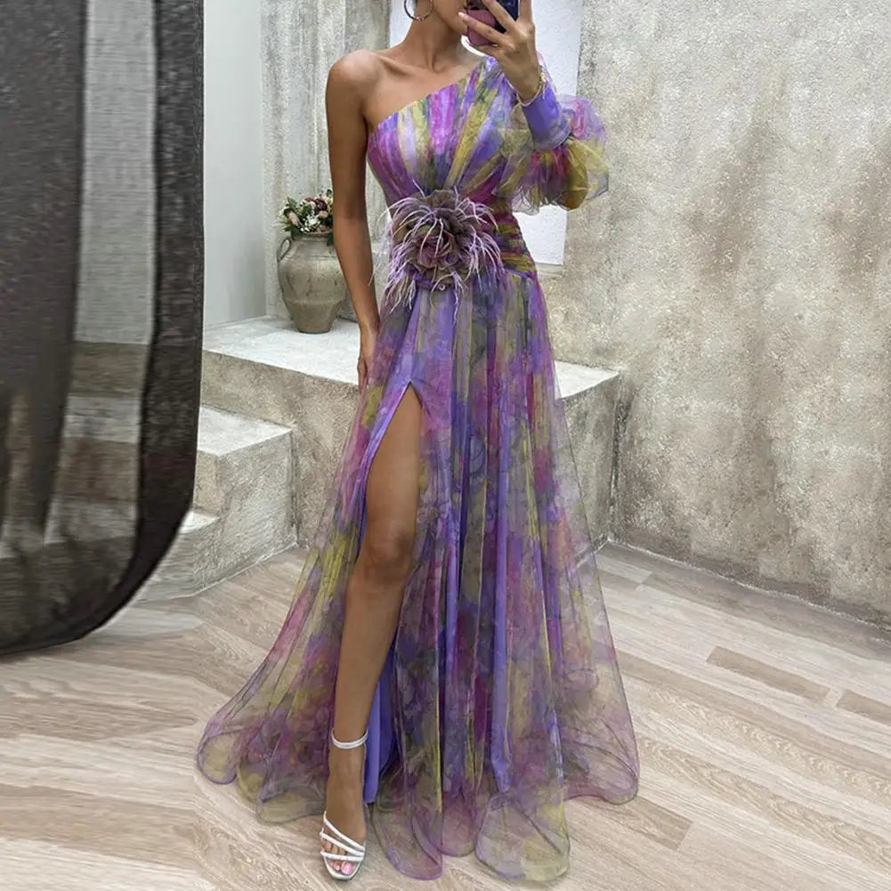 Formal Evening Dress Large Flower Embellished Evening Dress Doule-layered Tie-dye Flower Print Rose Mesh Bubble Sleeve Dress