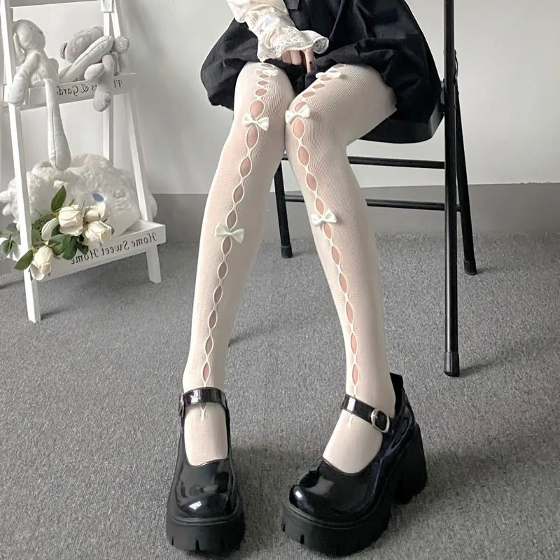 Tights 
Japanese Sweet Lolita Tights Women Kawaii White Bow Panty Socks Female JK Style Black Sexy Fishnets Stockings Thigh High Socks