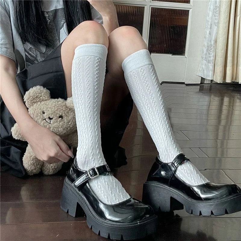 Stockings 
Japan Style High School Student Stockings Long Socks Solid Black White Summer Thin Woman Socks JK Costumes Girls Knee High Socks