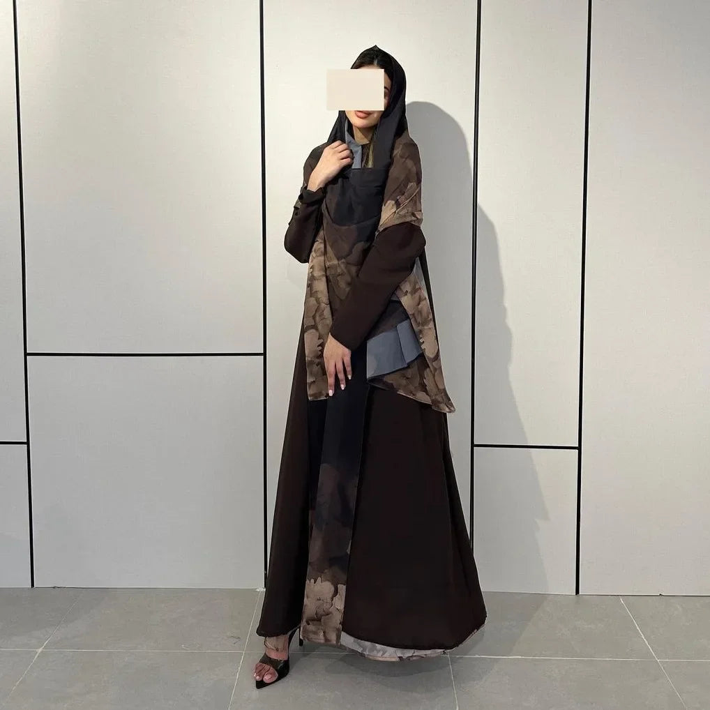 Elegant Abaya Dubai Women Luxury Printed Open Kimono Muslim Dresses With Scarf Modesty Robe Khimar Set Islamic Kebaya Clothing