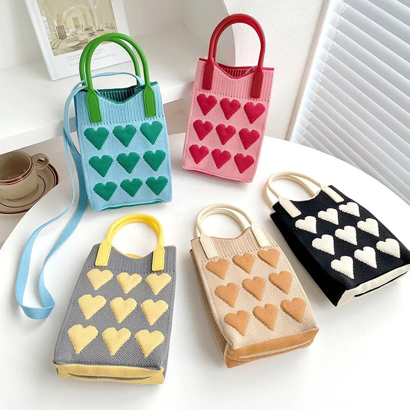 Handbags Korean Fashion Heart Knitted Mini Square Handbag for Women Small Mobile Phone Shoulder Bags Girls Cute Outdoor Crossbody Bags