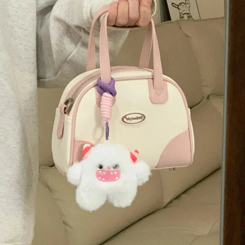 Handbags Xiuya Sweet Cute Handbags for Women Pu Leather Letter Pink White Boston Crossbody Bag New Vintage Elegant Bowling Shoulder Bag