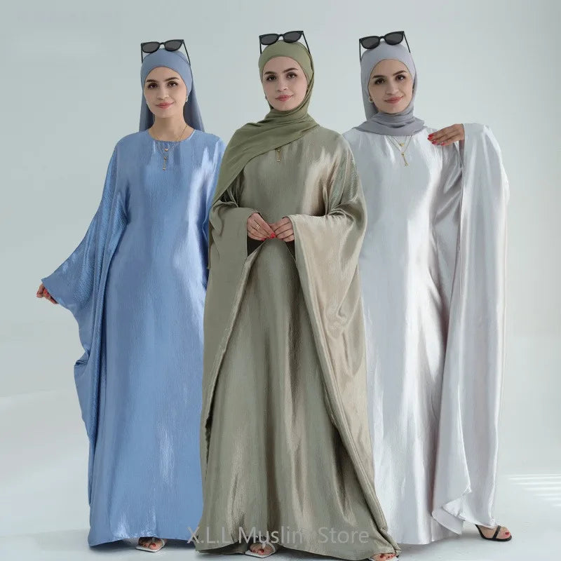 Shiny Batwing Abaya Simple Female Dress Inside Belt Elegant Glossy Muslim Party Dresses 2024 Dubai Kaftan Kebaya Robe Clothing