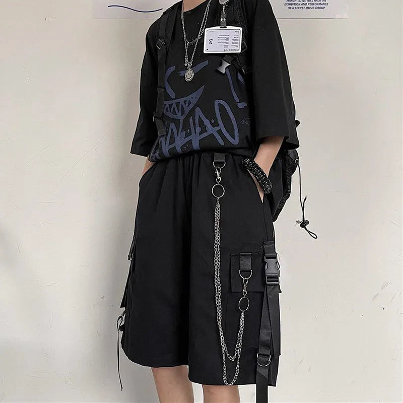 Shorts Casual Loose Cargo Shorts Women Harajuku Hip Hop Punk Large Pocket Wide Leg Shorts Fashion Chain High Waist Joggers Short Pants