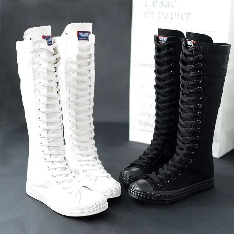 canvas shoes New Spring Autumn Women Shoe Canvas Casual High Top Shoes Long Boot Lace-Up Zipper Comfortable Flat Boot Sneakers Tenis Feminino