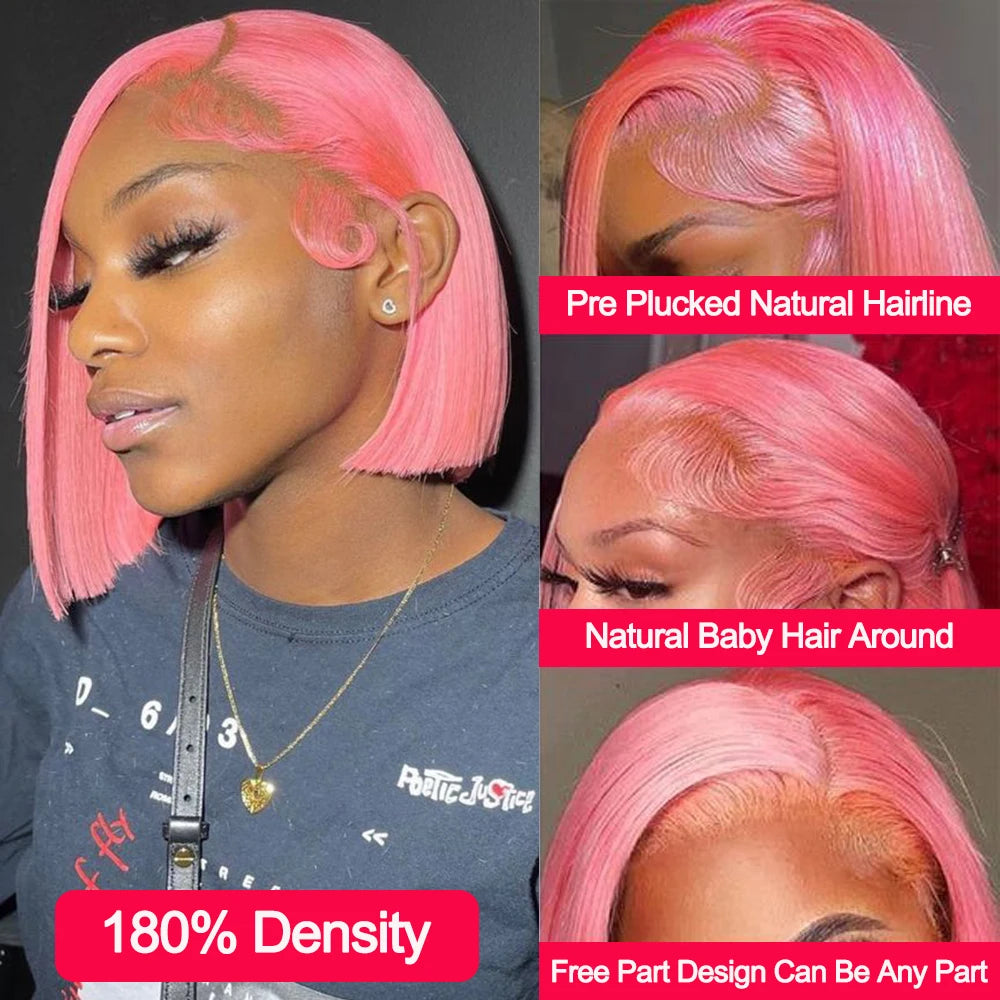 Hair Extensions and Wigs
Pink Color Short Straight Lace Bob Wig 180% Density 13x4 Transparent Lace Frontal Wig Brazilian Remy Put On Go Human Hair Wigs