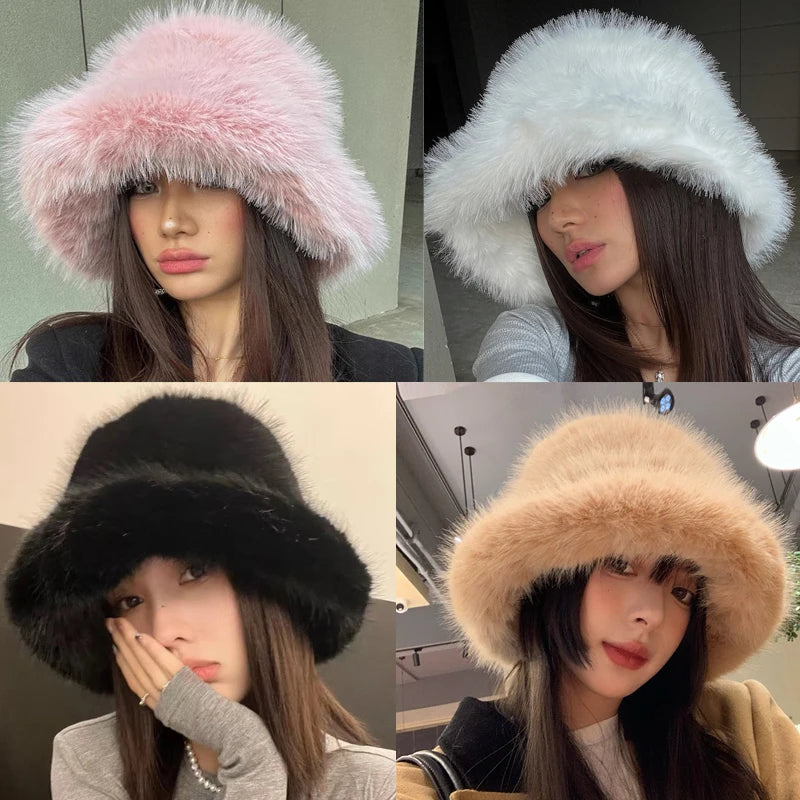 Hat y2k Fluffy Faux Fur Bucket Hats Women Rabbit Fur Warm Thick Plush Winter Hat Lady Fashion Luxury Panama Furry Fisherman Cap