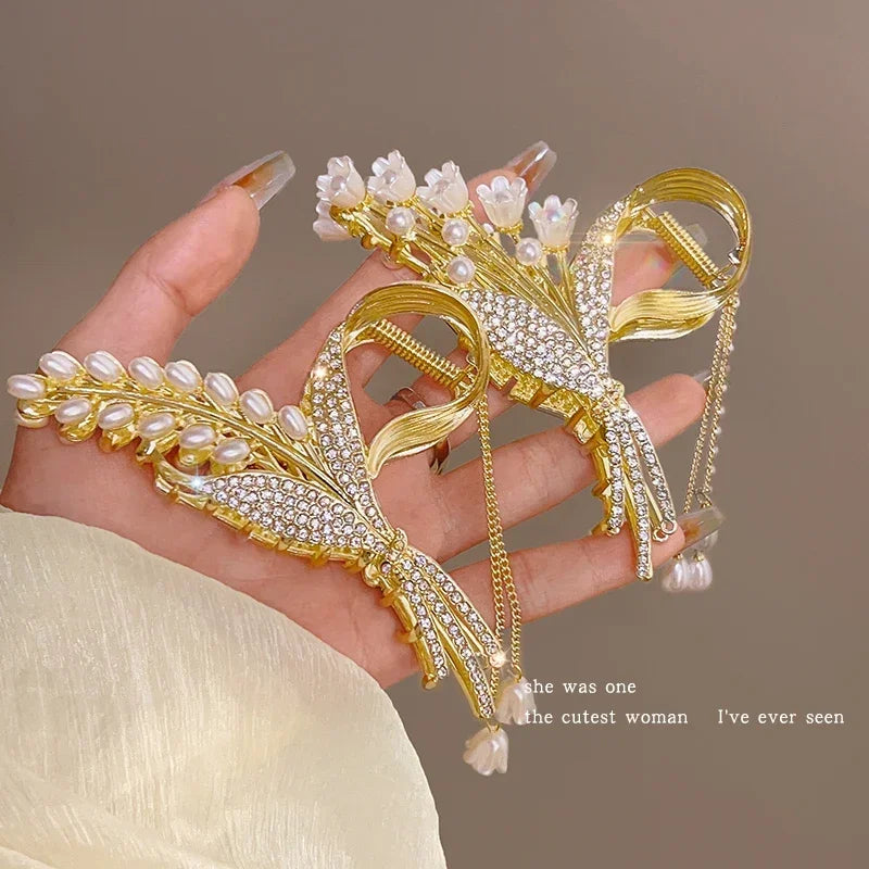 Elegant Look Luxury Rhinestone Wheat Ear Large Metal Gripper Hair Clip High Volume Female Shark Claw Clip Hair Accessories for Women 2023