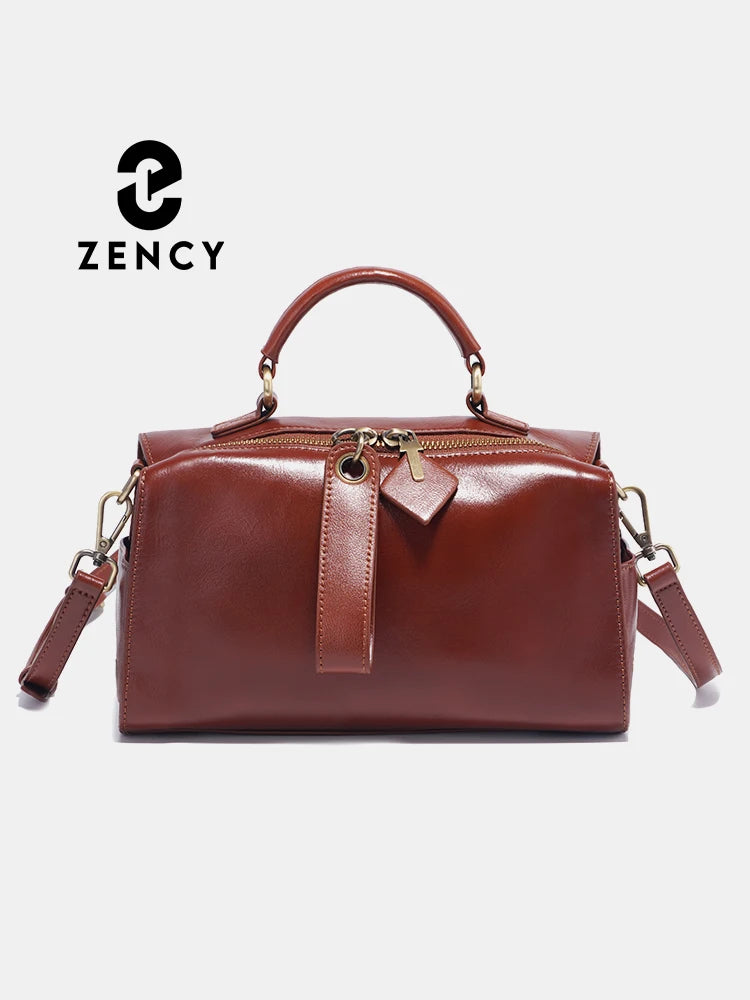 Handbags Zency Oil Wax Leather Vintage Green Handbag Women Shoulder Bag Satchel Black Wave Pattern Wide Strap Classic Boston Bag Purse