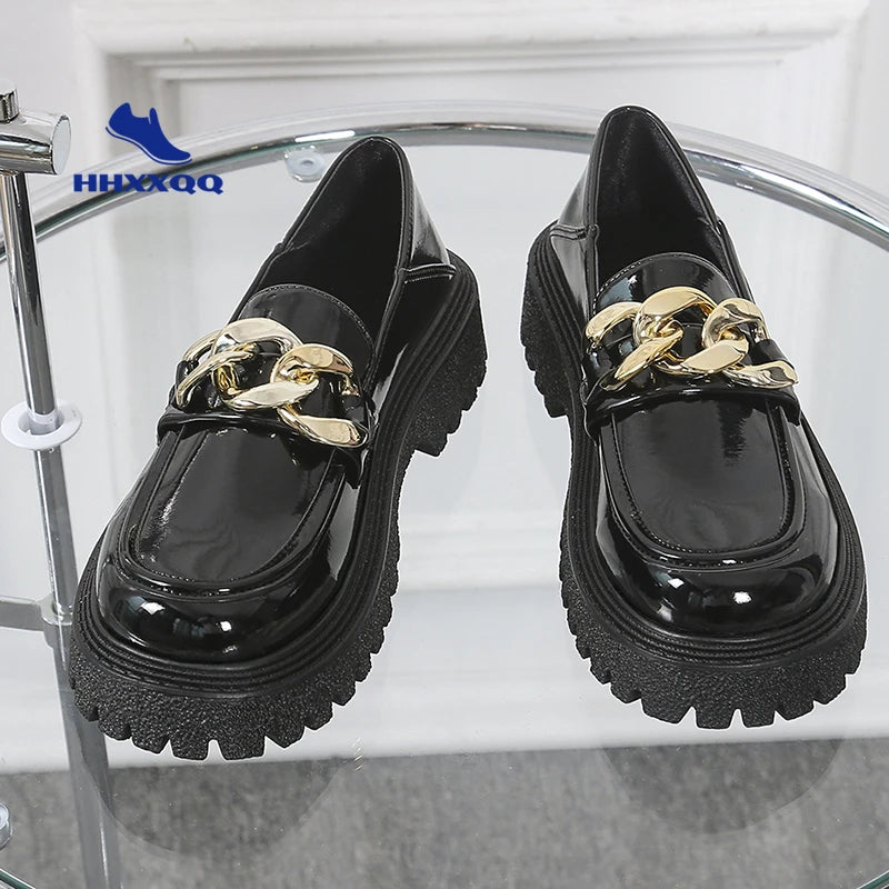 loafers Shoes Chunky Loafers Women Patent Leather Platform Shoes Round Toe Metal Chain Slip on Ladies Flats Handmade Kawaii Shoes Woman Flats