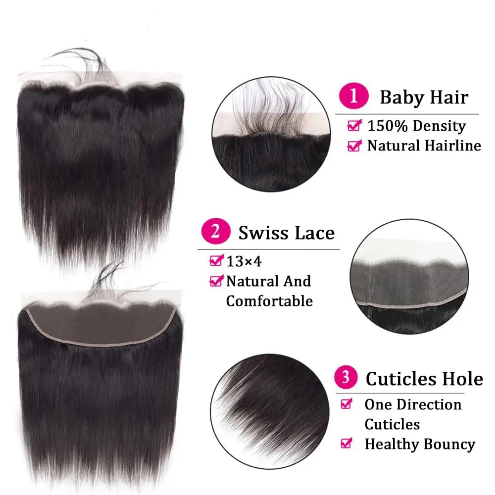 Hair Extensions and Wigs
Bundles with Frontal Natural Straight Brazilian Virgin Human Hair 3 Bundles with 13x4 HD Lace Frontal 100% Remy Human Hair Weave