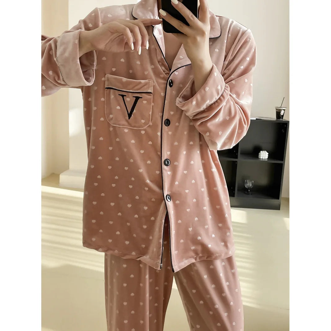 Winter Warm Sleepwear 
Warm Velvet Pajamas Set Long Sleeve Homewear Lady Elegant 2Pcs Top&pants Autumn Winter New Sleepwear Print Love Pyjamas Suit