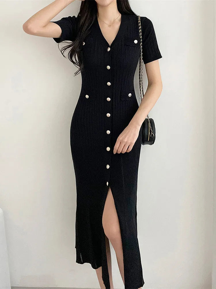 Knitted-Dress Summer Midi Dress Knitted Black Bodycon Korea Style