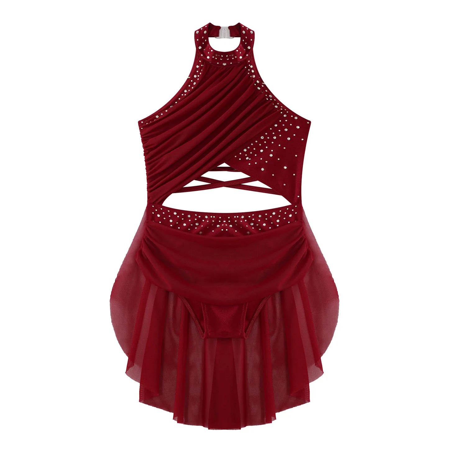 dancers  
Girls Lyrical Dance Dress for Stage Performance Costume Kids Glittery Rhinestone Sheer Mesh Strappy Backless Leotard Dresses