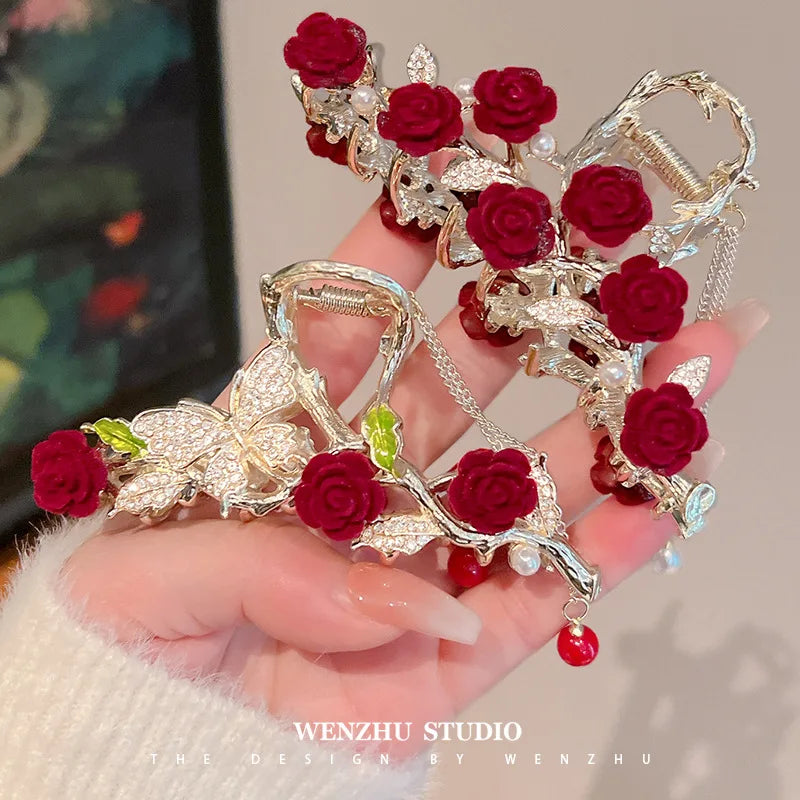 Elegant Look Rose Tassel Hair Claw for Women Luxury Elegance Temperament Hair Clips Girls Fashionable Sweet Shark Crab Clips Hair Accessories