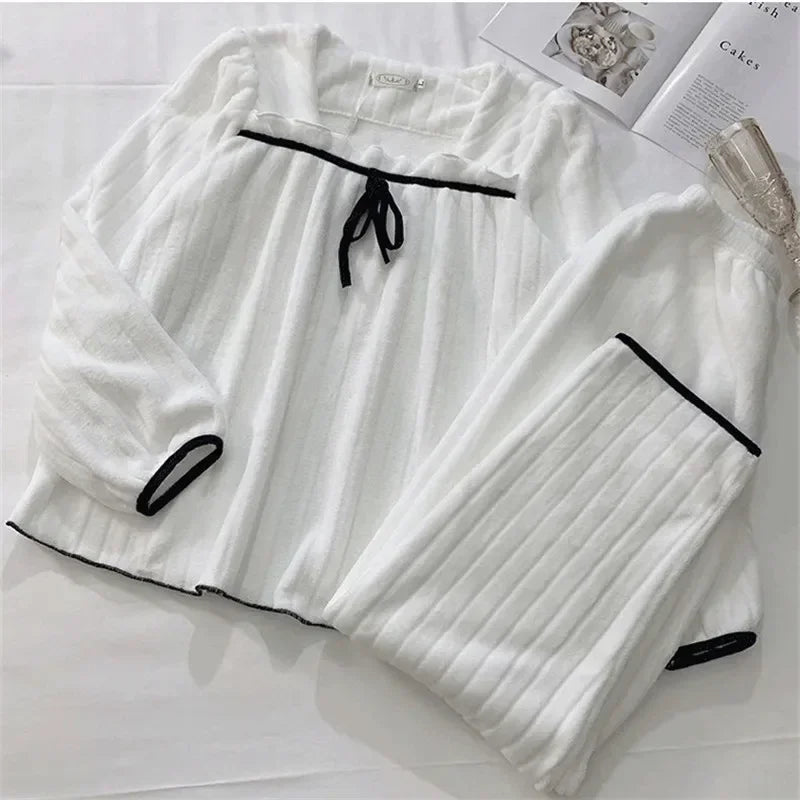 Winter Warm Sleepwear 
Square Collar Women Pajamas Set Winter Warm Sleepwear Fleece Velvet 2 Piece Pants Home Wear Suit Fluffy Korean Solid Night Wear