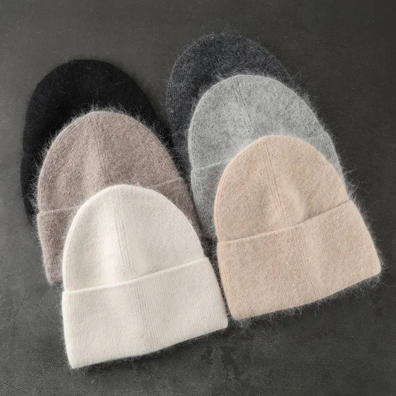 Hat Angora Knit Winter Hat For Womens Rabbit Fur Fluffy Knitted Beanies Korea Luxury Bonnet Female Soft  Warm Skullies Beanies