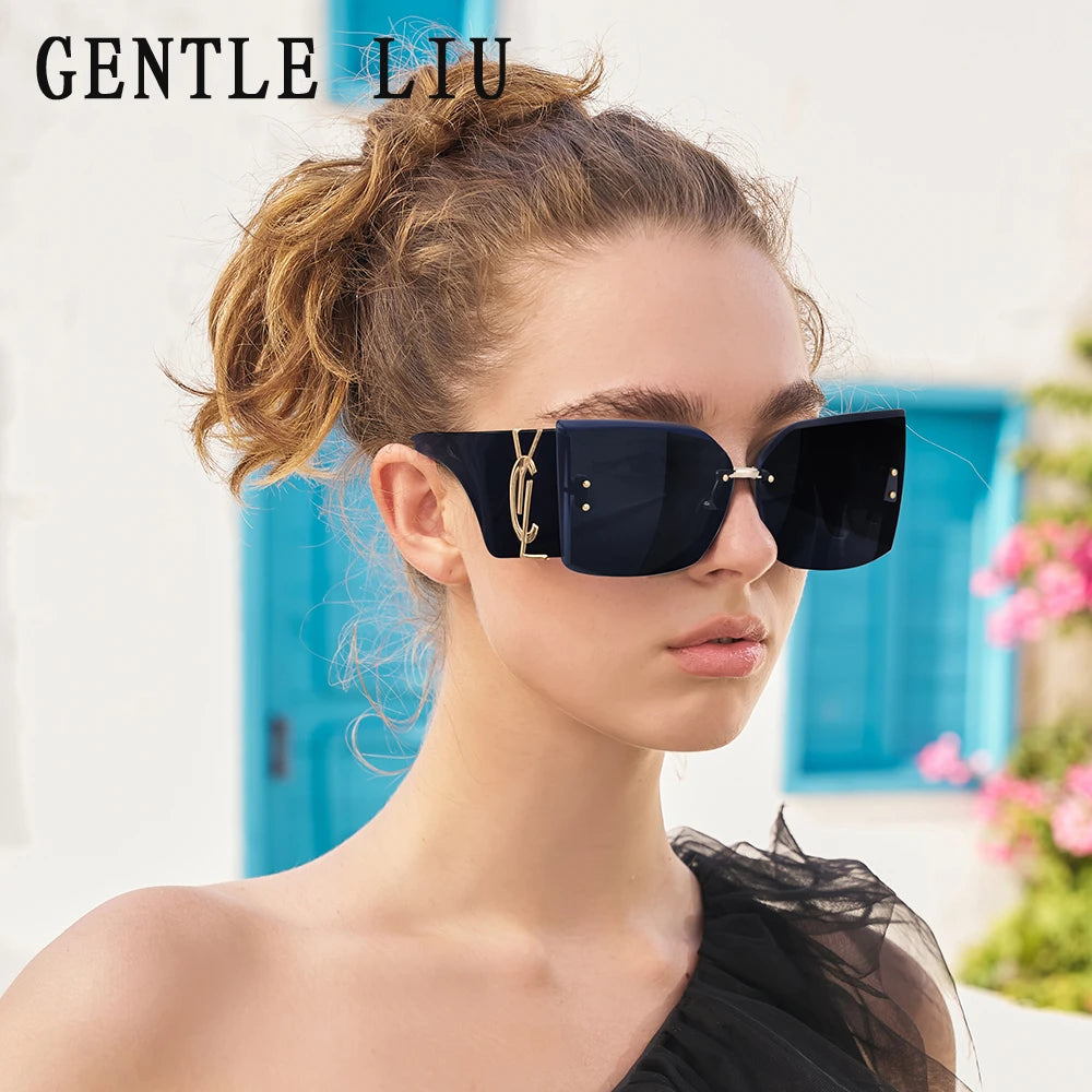 Women's Sunglasses Oversized One Piece Rimless Cat Eye Sunglasses Women 2024 Luxury Brand Designer New Fashion Sun Glasses Trends Frameless Eyewear