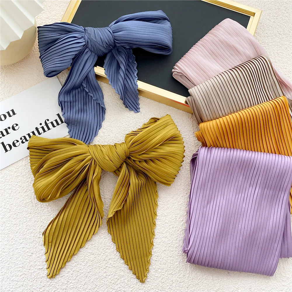 High Quality Solid Color Silk Pleated Scarf Crinkled Hair Scarf Small Scarves Square Scarf Satin Neckerchief Decorative Headscarf Bandana