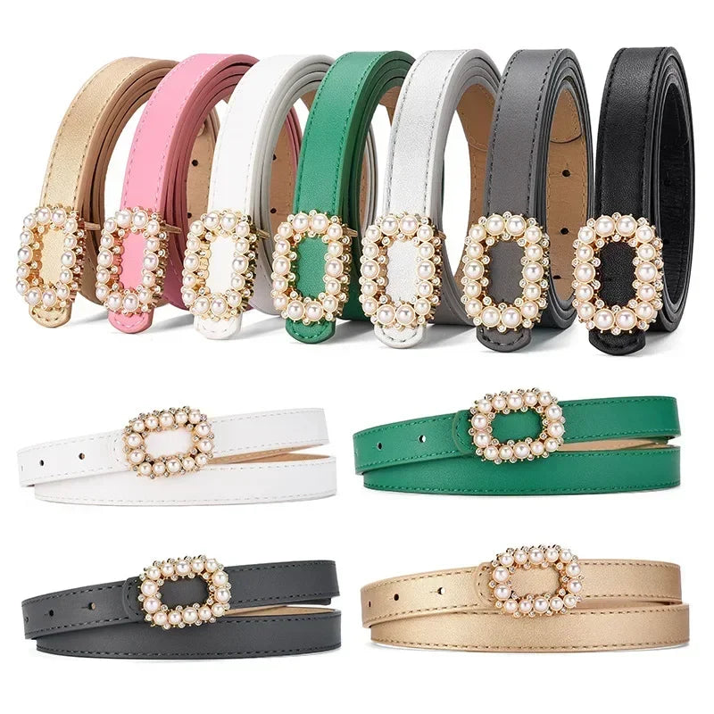 Belts Fashionable Pearl Buckle Belts for Woman 100cm Solid Color PU Versatile Belts Woman's Skirt/Jeans Belts