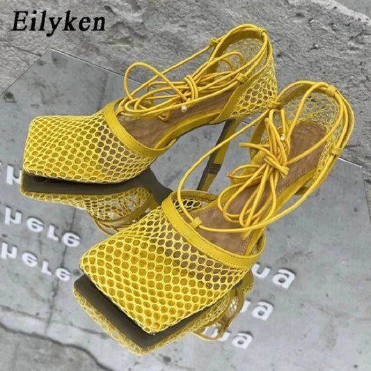 WOMEN SANDALS Sexy Mesh Pumps Sandals Female Square Toe High Heel Lace Up Cross-Tied Stiletto Hollow Dress Shoes Zapatos Mujer