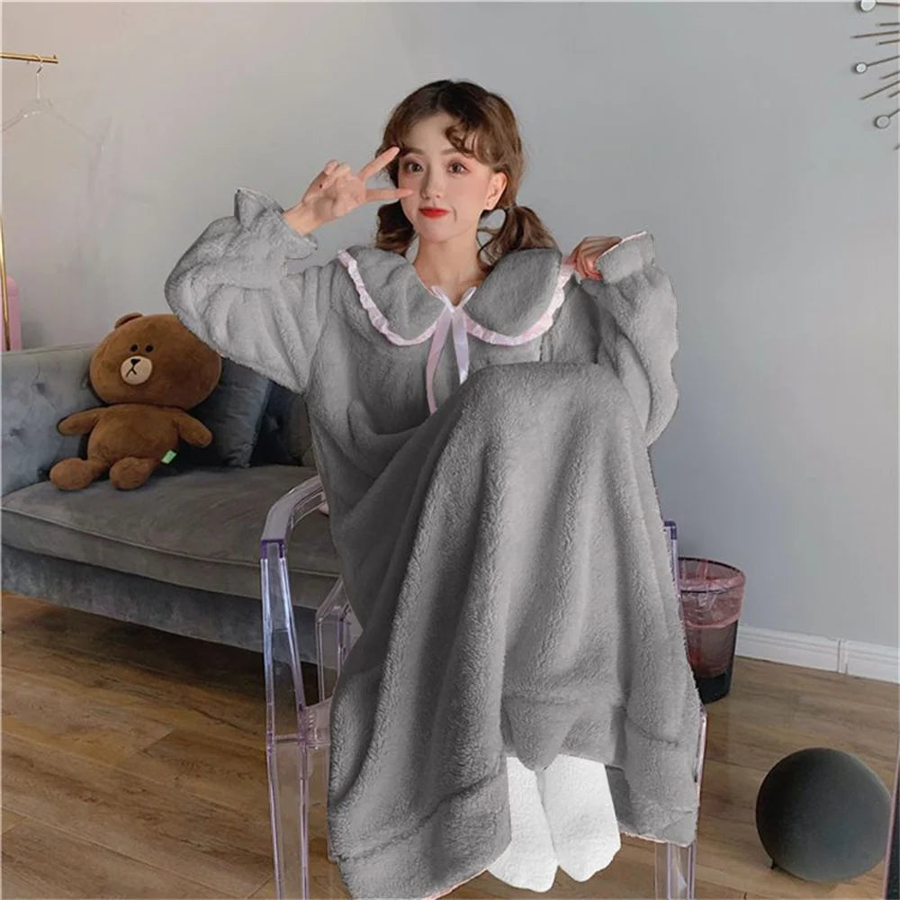 Winter Warm Sleepwear 
Korean Fashion Coral Fleece Nightgowns Women Sweet Hooded Homewear Thick Warm Winter New Bow Lace Lovely Midi Solid Soft Female