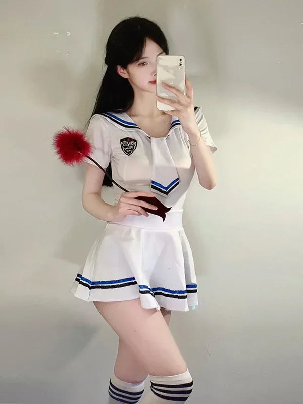 Exotic 
New Style Summer Fun Sailor Sexy Hot Uniform Pleated Thin Skirt Set Sheer JK Style Elastic Waist Tie Sweet Cute Slim Soft HA1F