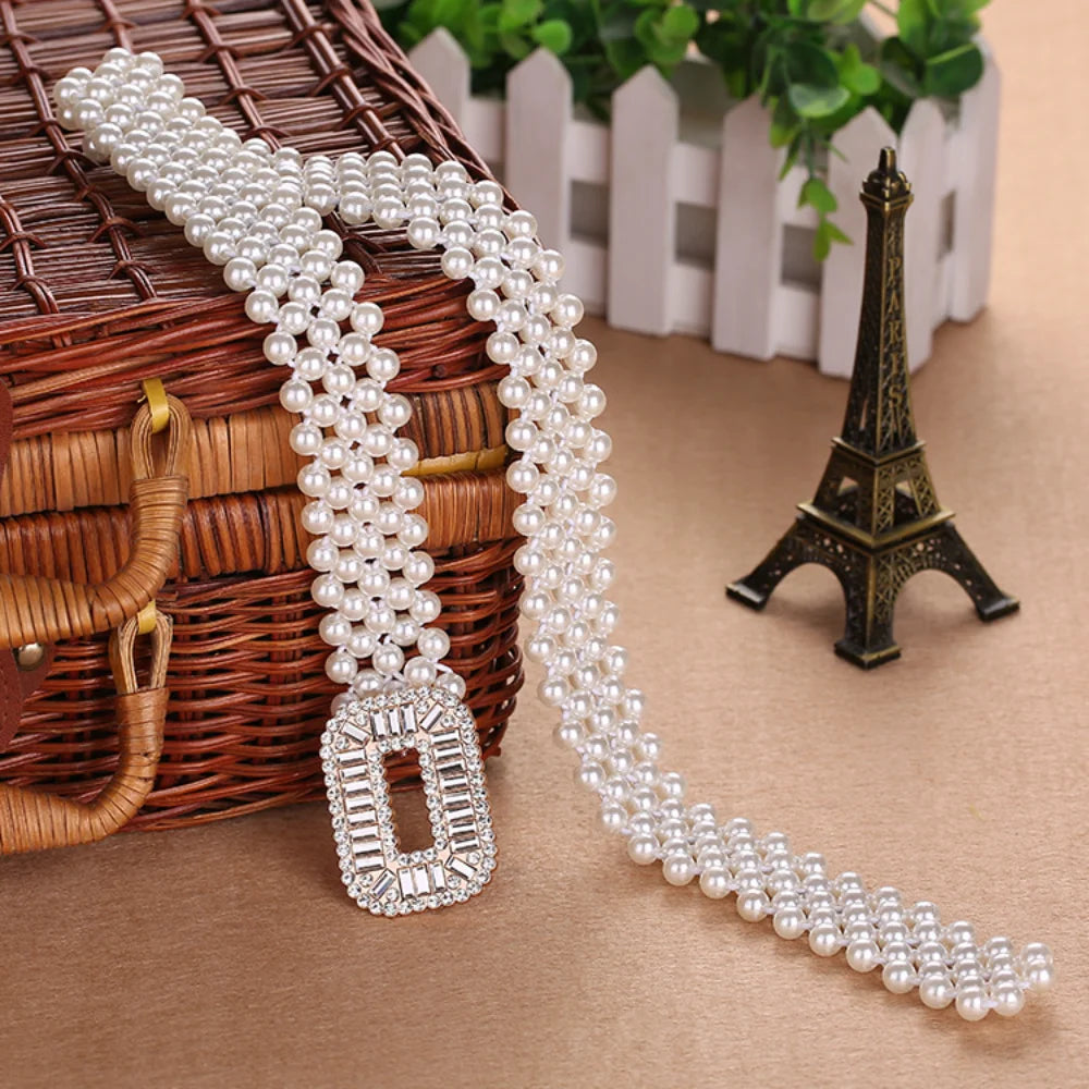 Waist Chain Elegant Women Pearl Waist Belt Elastic Buckle Pearl Chain Belt Female Girls Dress Crystal Strap Pearl Elastic Belt Luxury Brand