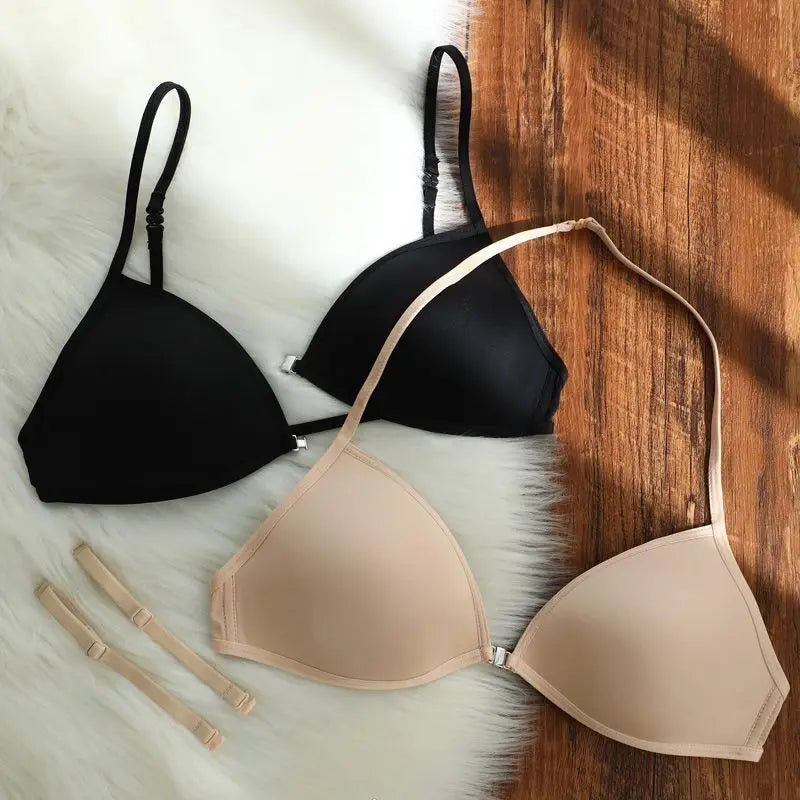 bras
French Triangle Cup French Underwear Small Chest Spaghetti Strap Beauty Back Halter Invisible Front Closure Bra Thin Section Tra