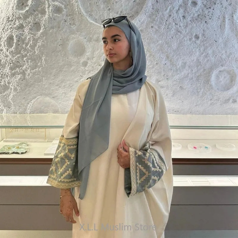 Eid Muslim Party Ramadan Dress Opened Embroidery Abaya Simple Cotton Linen Kaftan Kebaya Long Loose Robe Dubai 2024 Luxury