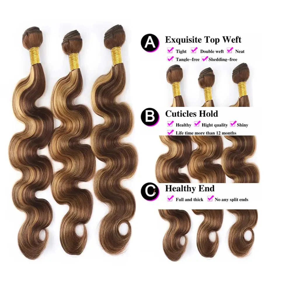 Hair Extensions and Wigs
Body Wave P4/27 Human Hair Bundles Bundle Hair Weave Weaves For Women 12A Remy Hair Wet And Wavy P4/27 Bundles 28 28 28 Inch