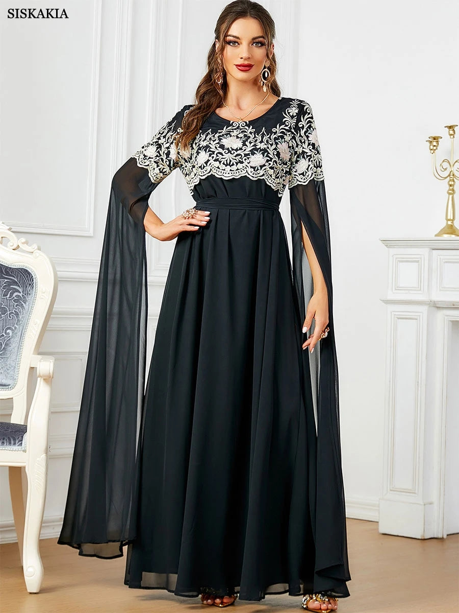 Siskakia Arab Mesh Embroidered Dress With Belt O-Neck Super Full Sleeves Stylish Abaya For Muslim Woman Moroccan Party Kebaya