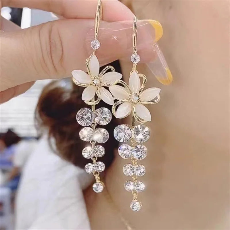 Earring  Luxury Crystal Flower Tassel Drop Earrings for Women Shiny Zircon Opal Long Dangle Earrings Girls Party Wedding Jewelry Gift