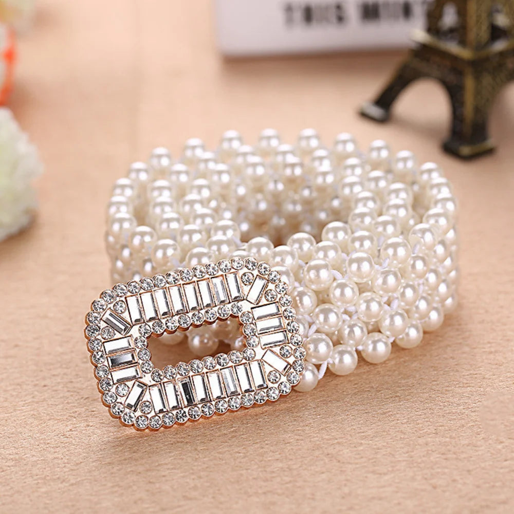 Waist Chain Elegant Women Pearl Waist Belt Elastic Buckle Pearl Chain Belt Female Girls Dress Crystal Strap Pearl Elastic Belt Luxury Brand