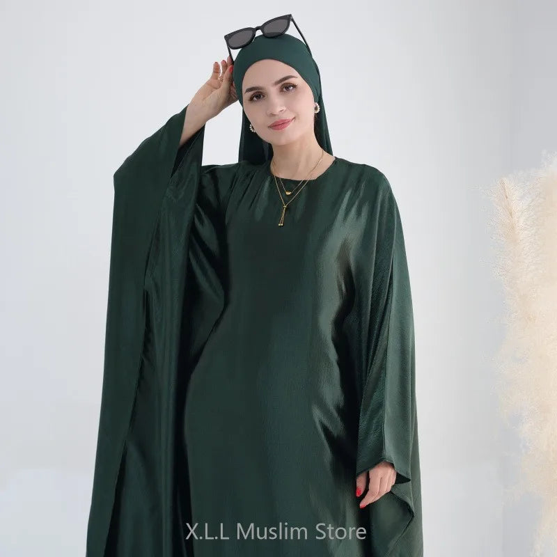 Shiny Batwing Abaya Simple Female Dress Inside Belt Elegant Glossy Muslim Party Dresses 2024 Dubai Kaftan Kebaya Robe Clothing