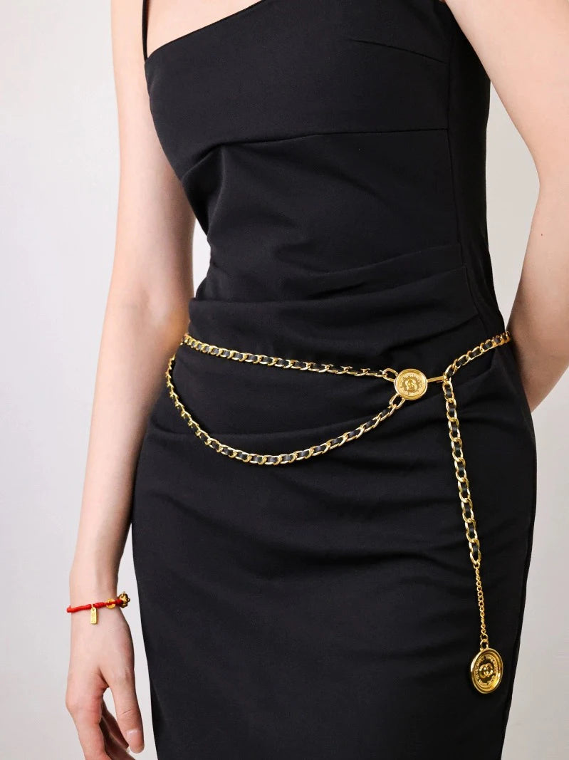 Waist Chain Luxury Women's metal waist chain accessories Decorative circle carved chain belt high style accessories Women Sexy chain Belt