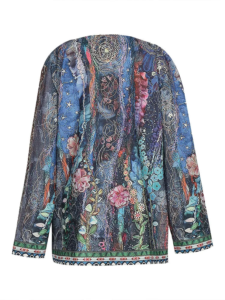 Plus Size Women's 2023 fashion winter jacket retro style loose print collarless women's jacket XL- 5XL