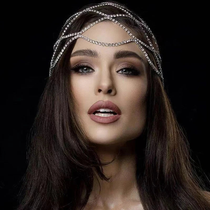 Elegant Look Hollow Out Rhinestone Mesh Headpiece Wedding Head Chain Jewelry for Women Luxury Crystal Headband Head Cap Hat Hair Accessories