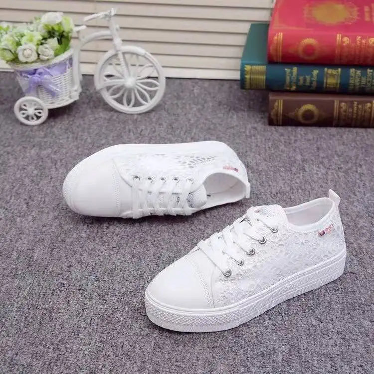 canvas shoes  Fashion Summer Casual White Shoes Cutouts Lace Canvas Hollow Breathable Platform Flat Shoes Woman Sneakers