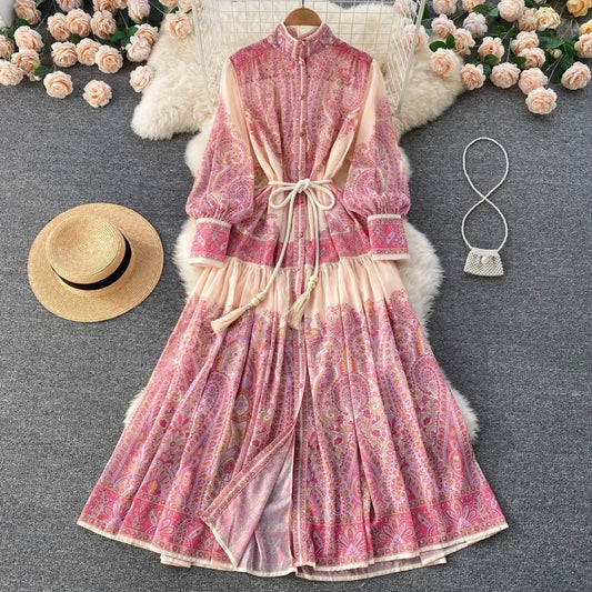 2024 Early Spring New Sensibility Niche Stand Collar Lantern Sleeve Printing Dress Loose Fit Slimming Elegant Long Dress