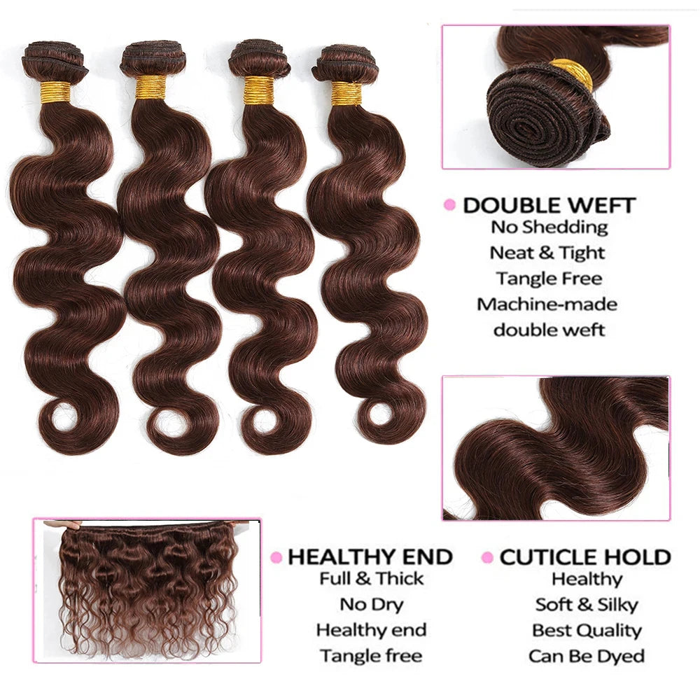 Hair Extensions and Wigs
Chocolate Brown Human Hair Bundles With Closure #4 Colored Human Hair Body Wave Bundles With 13x4 Lace Frontal Closure Extension