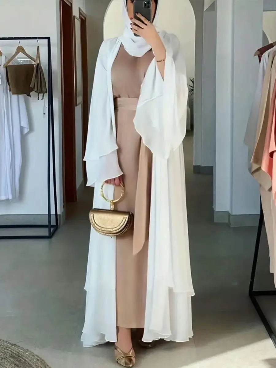 Fashion Muslim Solid Open Abayas With Belt Double Layer Chiffon Women's Robe Moroccan Dubai Saudi Elegant Loose Kebaya Dresses