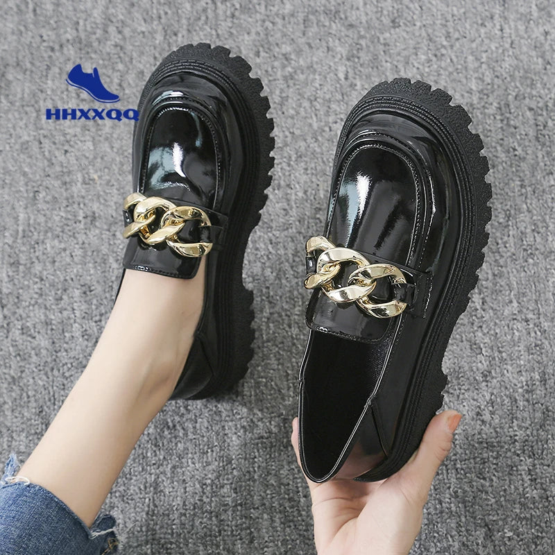 loafers Shoes Chunky Loafers Women Patent Leather Platform Shoes Round Toe Metal Chain Slip on Ladies Flats Handmade Kawaii Shoes Woman Flats