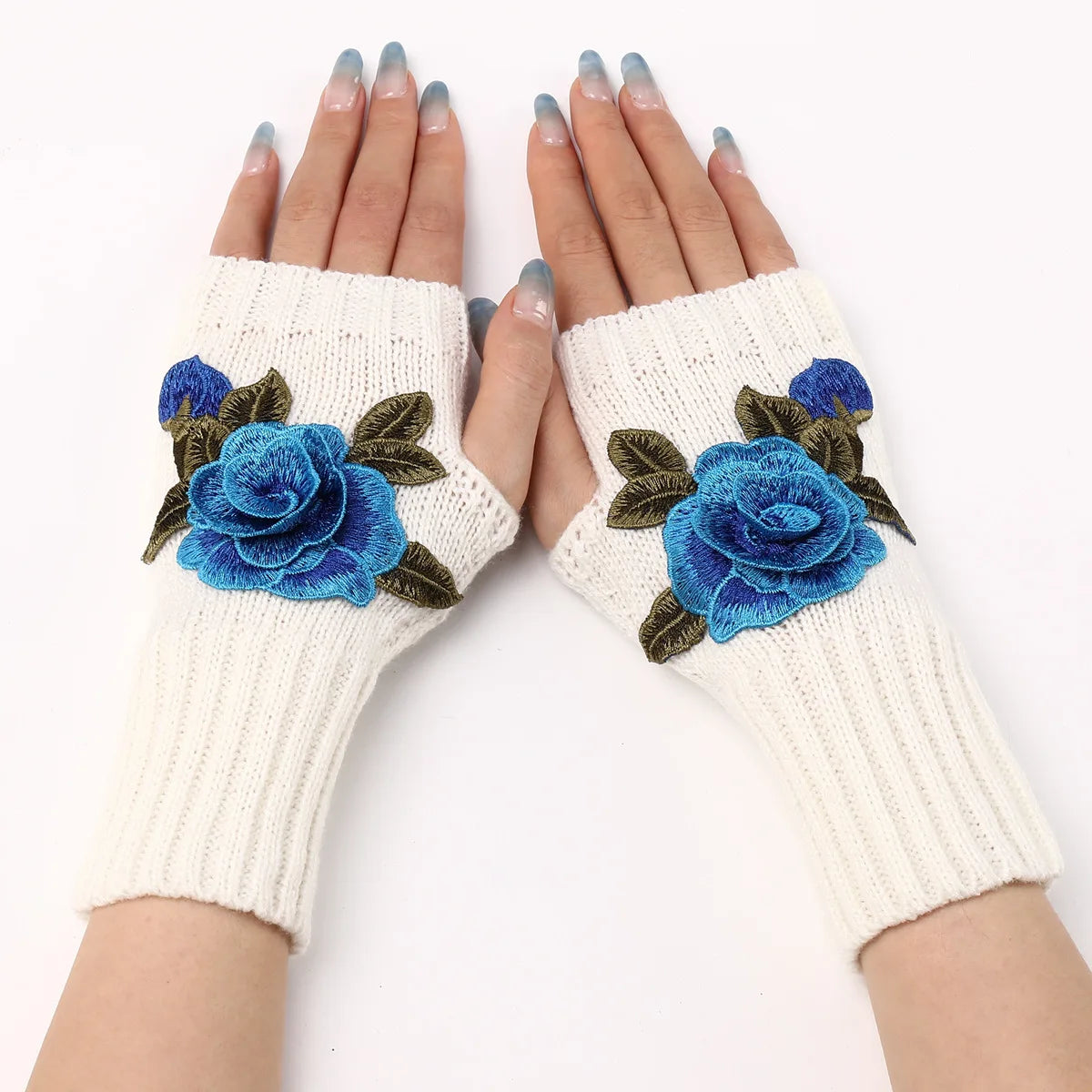 High Quality New Autumn Winter Women's Short Fashion Embroidered Flower Gloves Knitted Wool Sleeves Warm Mittens Fingerless Gloves Women