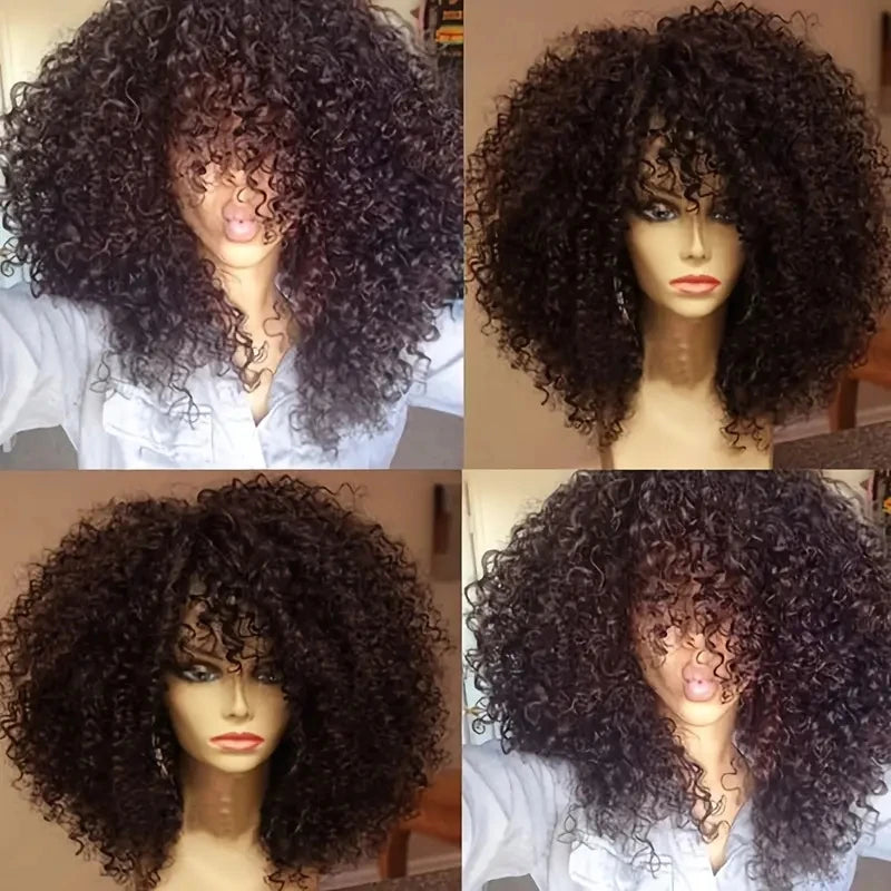 Hair Extensions and Wigs
16 Inch Afro Kinky Curly Hair Wigs With Bangs Soft Fluffy Synthetic Fiber None Lace Wigs For Party Cosplay Daily Use