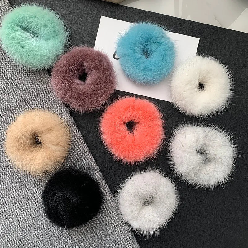 Elegant Look Fashion Hair Rope Real Mink Fur Elastic Bands Woman Luxury Genuine Rubber Band Hair Ring Accessories Fur Fluffy Hair Ties Girls