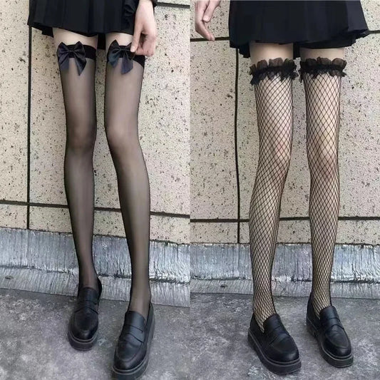 Tights 
Sexy Black Mesh Socks Bow Lace Stockings Thin Thigh Socks Fishnets Tights Women Summer Socks