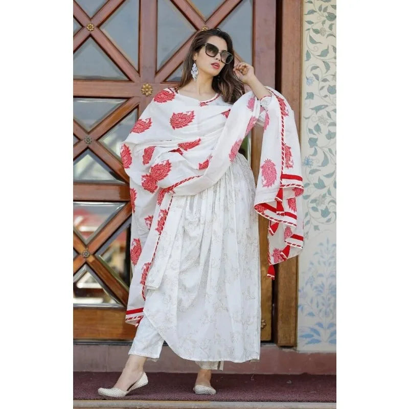 India and Pakistan Clothing 
Stitch Pakistan White Synthetic Silk Anarkali Salwar Kurti Pants and Dupatta Gift Dress