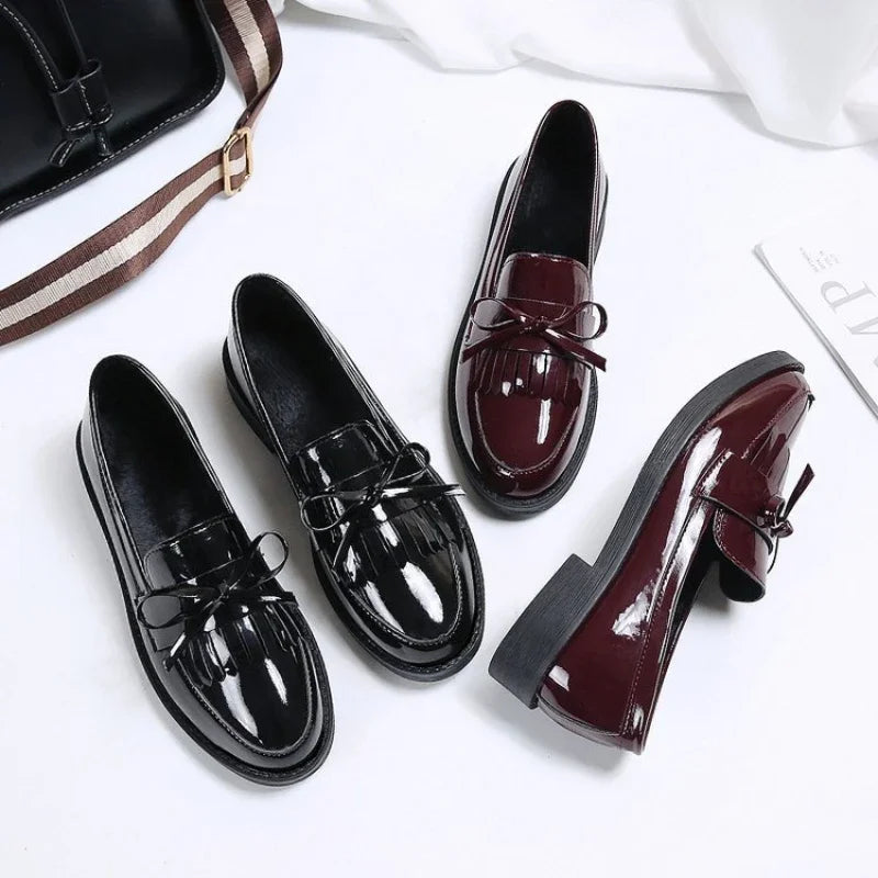 loafers Shoes Patent Leather Women Loafers British Tassel Casual Female Flat Shoes Bowknot Small Leather Shoe Comfortable Zapatos