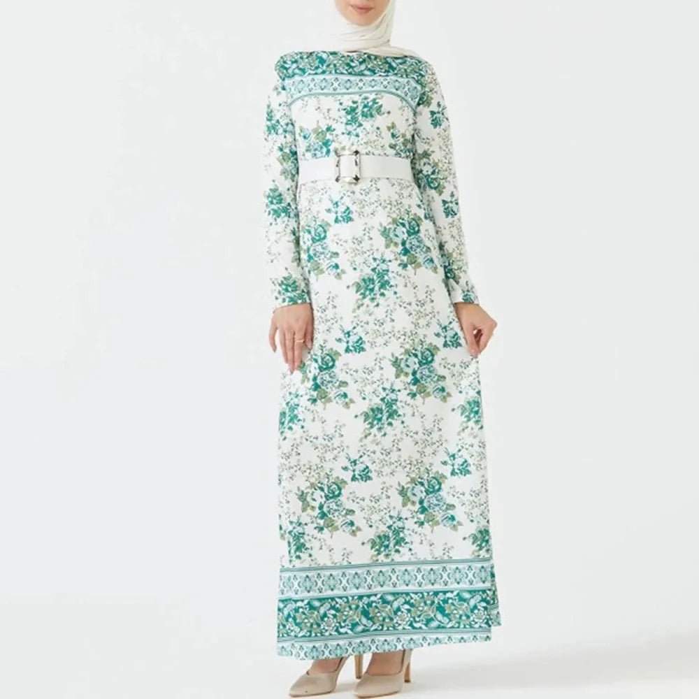 India and Pakistan Clothing 
Muslim Fashion Round Neck Long Sleeve Maxi Dresses With Sashes Elegant Fresh Green Printed Abaya Dubai Pakistan Clothing Women